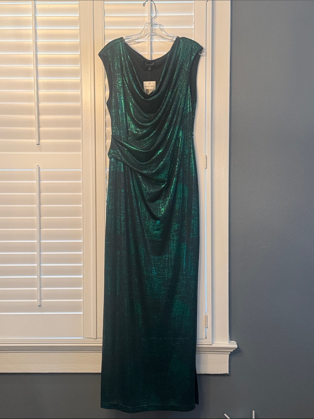 connected apparel Shimmery Emerald Green Draped Cowl Maxi Dress